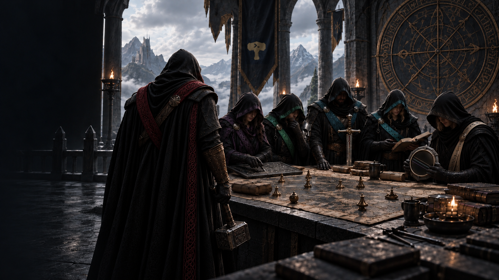 Skuld, Loki, Týr, Baldr és Vör dolgozik az ősi tervezőteremben. Thor hátulról figyeli és irányítja a közös munkát.